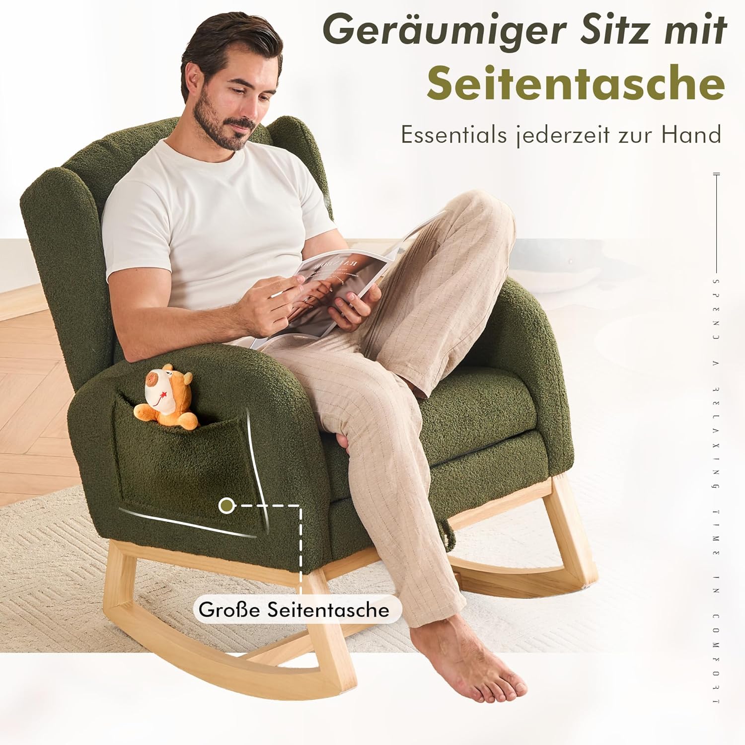 Schaukelstuhl mit Fußstütze, Großem Sitz und Seitentasche, Hoher Rückenlehne Rocking Chair für Wohnzimmer Innen, Stillsessel Stillstuhl mit Ausziehbarer Beinauflage, Teddy-Stoff, Grün