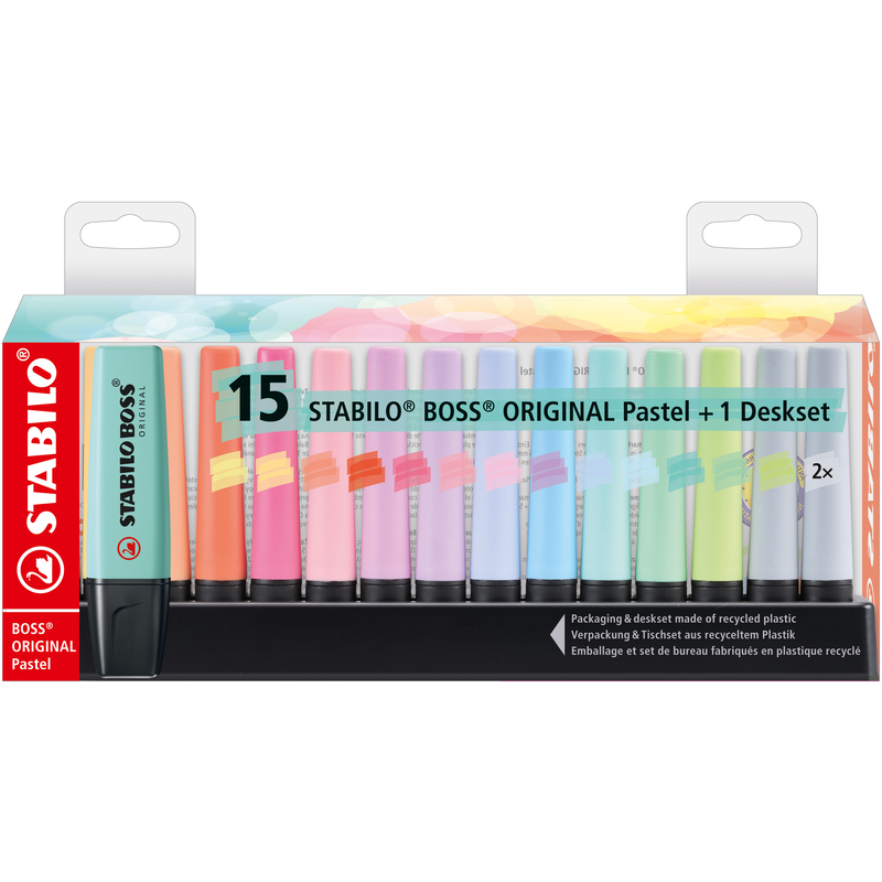 Stabilo Boss Leuchtstifte Pastell, 15er Etui mit Deskset, assortiert
