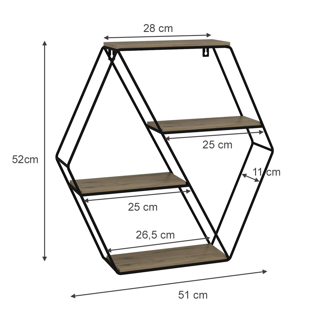 Vicco Wandregal Fyrk, hexagon, 51 x 52 cm, Eiche Schwarz, Metall, Hängeregal, Industrial