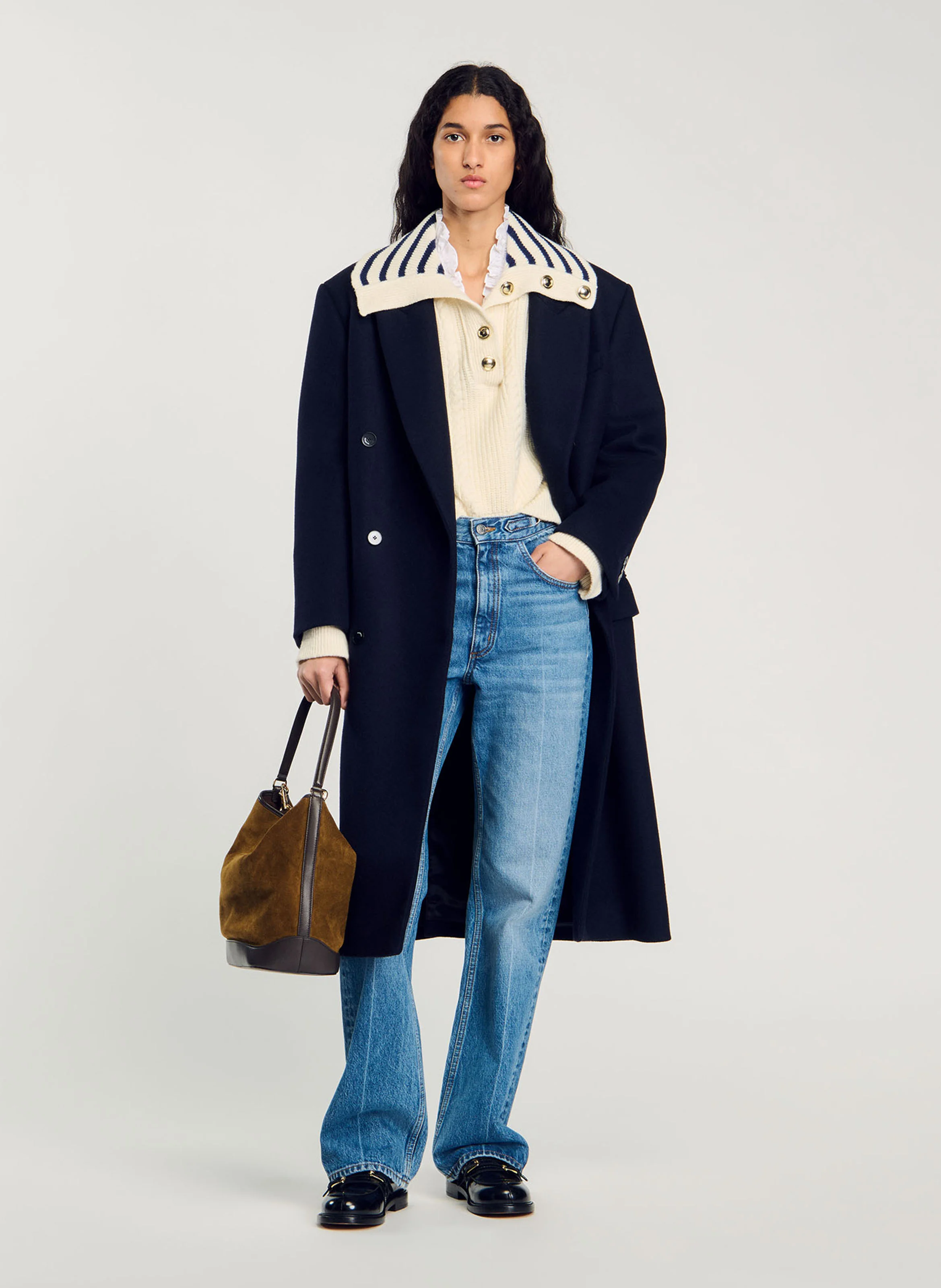 Pull à col vareuse rayé en laine mélangée | Blanc
