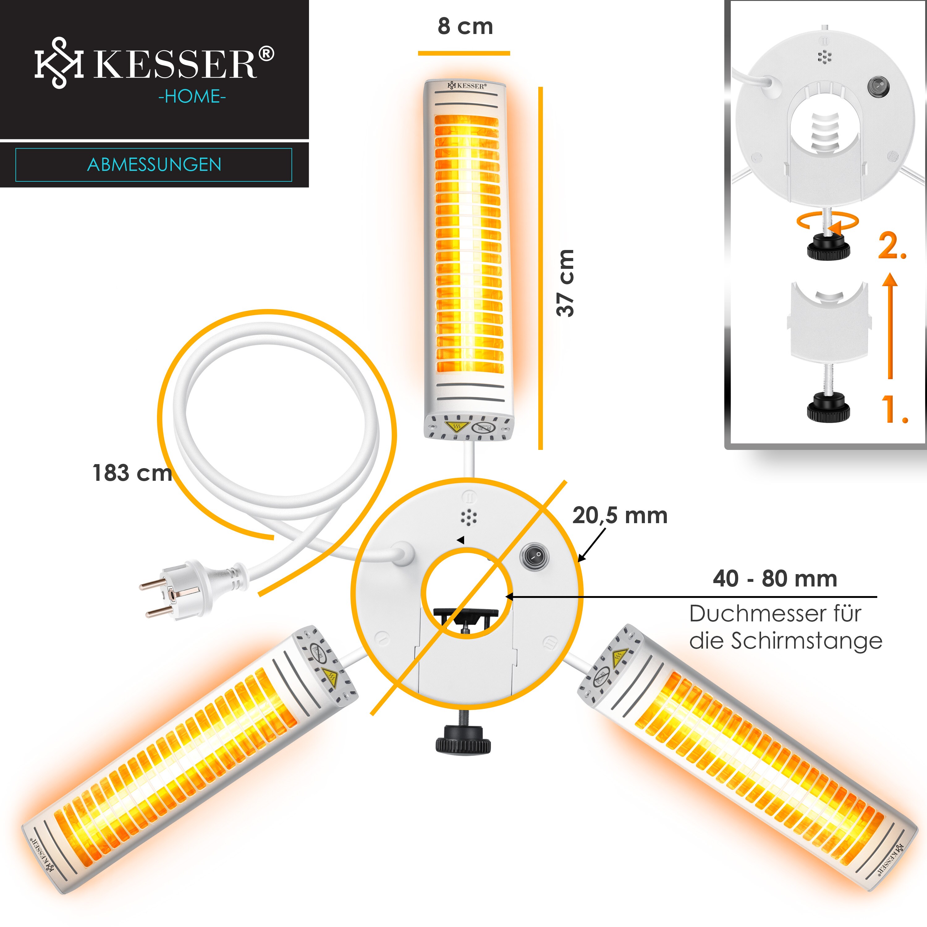 KESSER® Heizstrahler Infrarot 3000W für Terrasse Gastro- & Sonnenschirm Quarzstrahler Outdoor Infrarotstrahler Terrassenstrahler mit Fernbedienung | höhenverstellbar Garten & Außenbereich