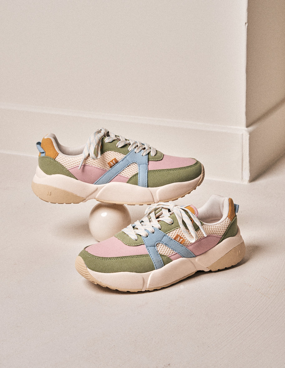 Baskets basses Lison - Suède vegan et mesh pistache, rose clair et ciel