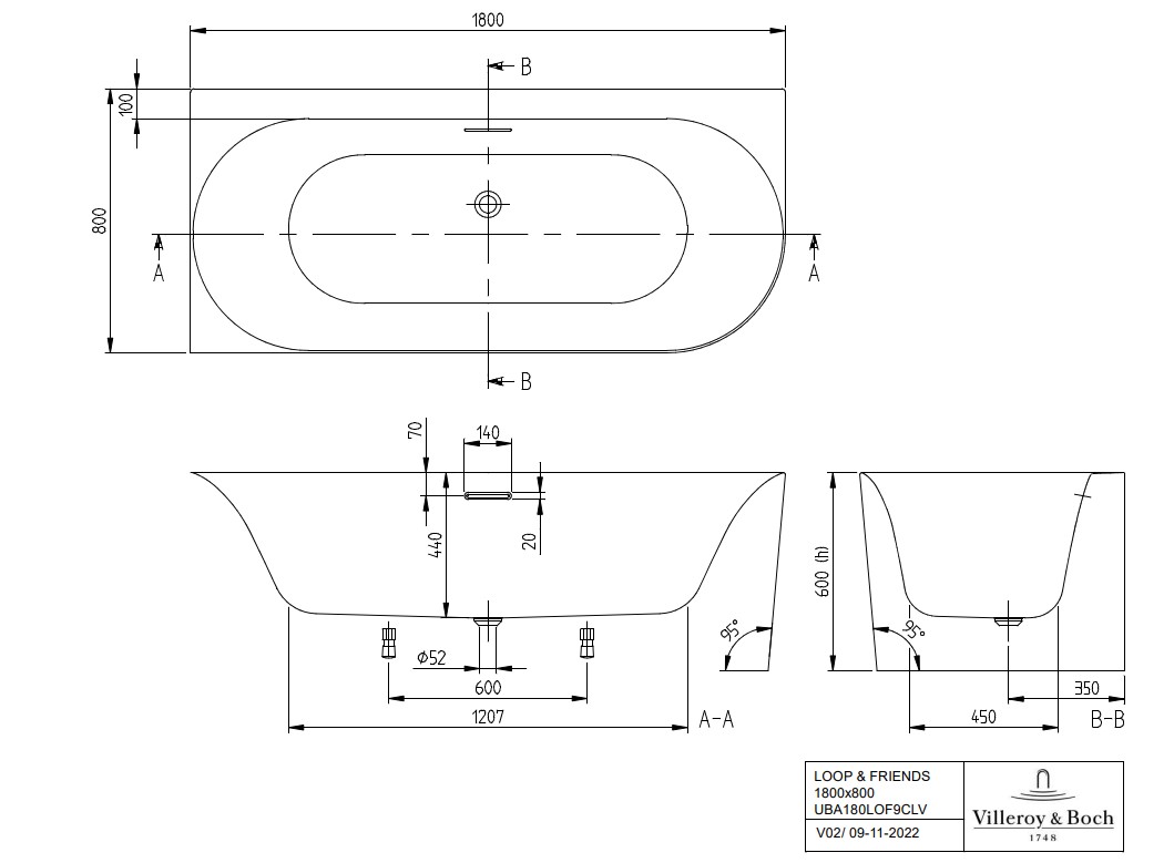 Villeroy & Boch Loop & Friends half vrijstaand ligbad links 180x80cm wit