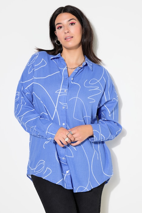 Hemdbluse, oversized, Musselin, Print, Langarm