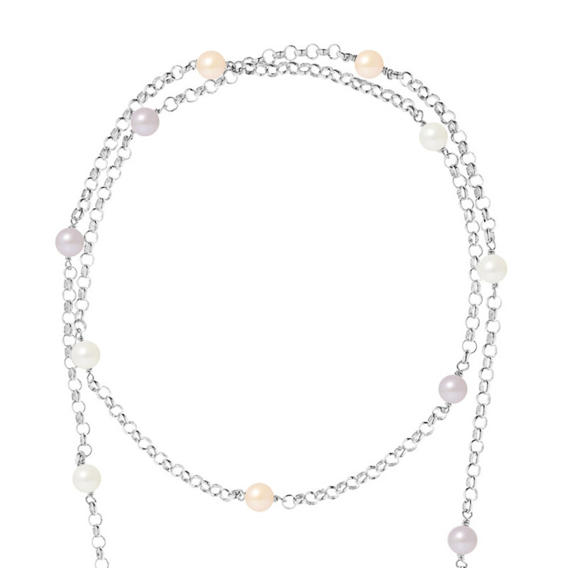 Long Collier Sautoir 100 cm en Argent 925/1000 et Perles de culture Multicolores