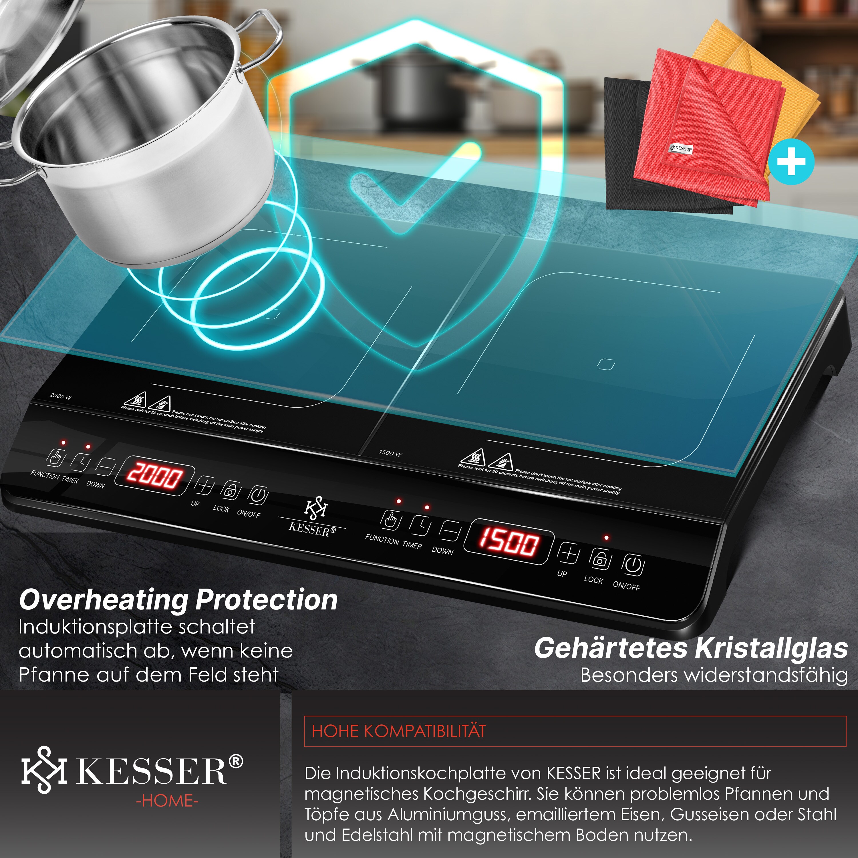 KESSER® Induktionskochplatte Induktionskochfeld Tragbare 28cm Kochplatte + 3x Mikrofasertuch + 1x Rezeptbuch, Heizstufen, Stunden-Timer, Touch-Steuerung, Booster-Funktion 220-240V