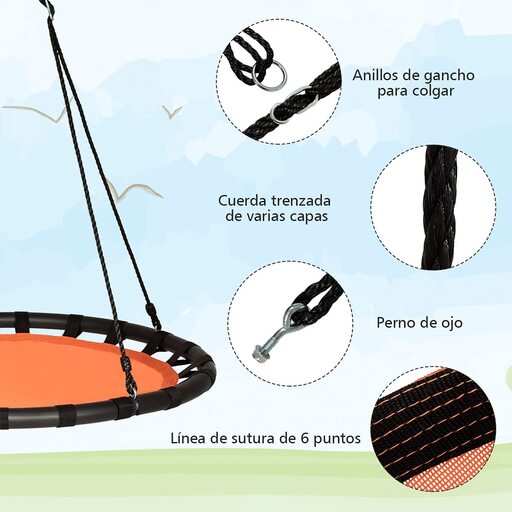 Balanço redondo tipo ninho de 100 cm, com largura ajustável de 100 a 160 cm e capacidade de carga de até 150 kg.