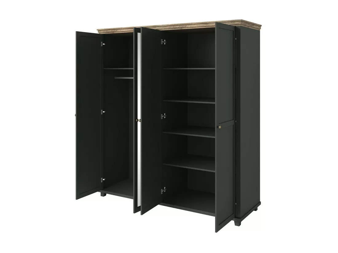 Chambre à coucher ASSIA : Armoire 200cm, Lit 180x200, commode, chevets. Coloris vert kaki et chêne.