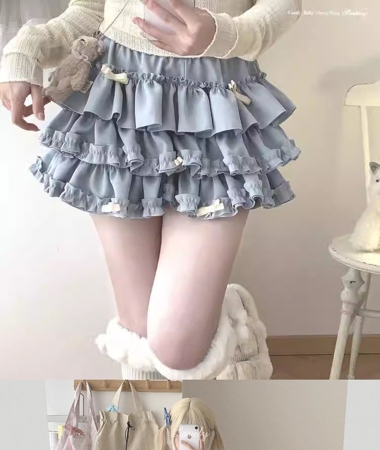 Lolita Smile - Hoge taille, effen strikaccent, volantrand en gelaagde mini-A-lijn skort