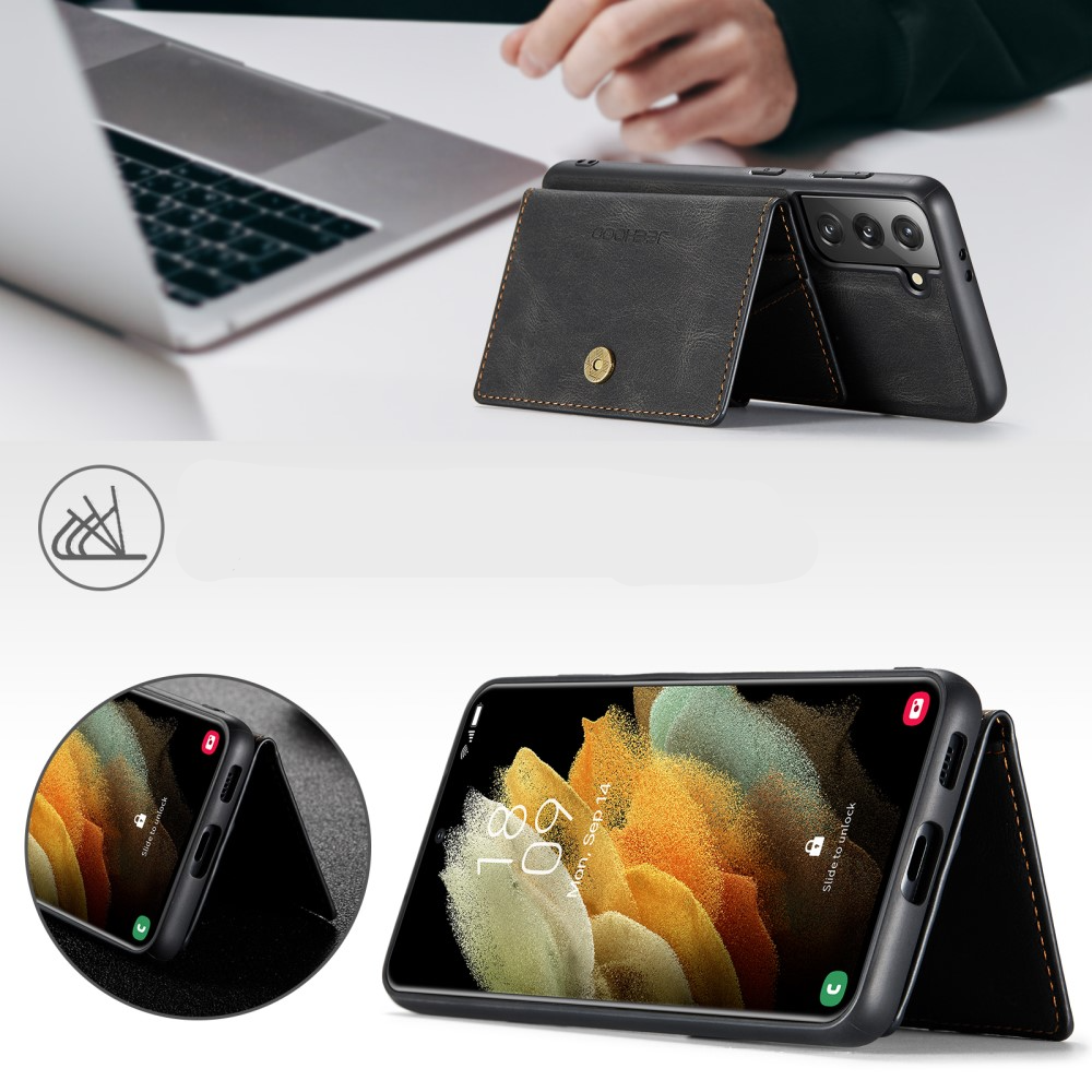 2in1 Samsung Galaxy S21 FE 5G Leder Hülle Wallet   Magnetisches Kreditkartenfach - Schwarz