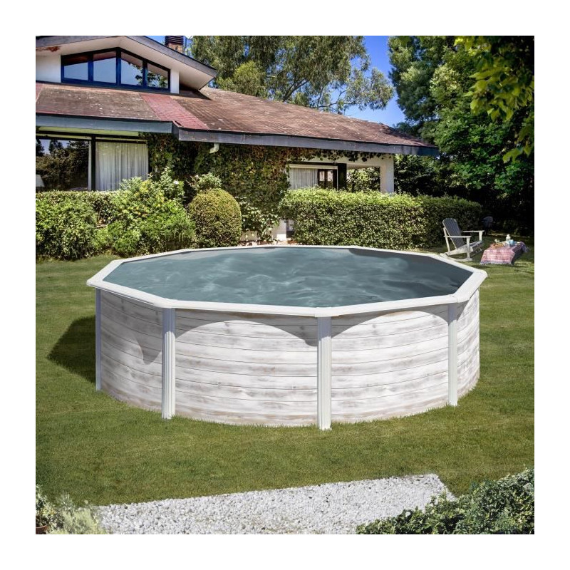 - piscine ronde acier ø4,80m x h: 1,22m - imitation bois nordique filtration a sable