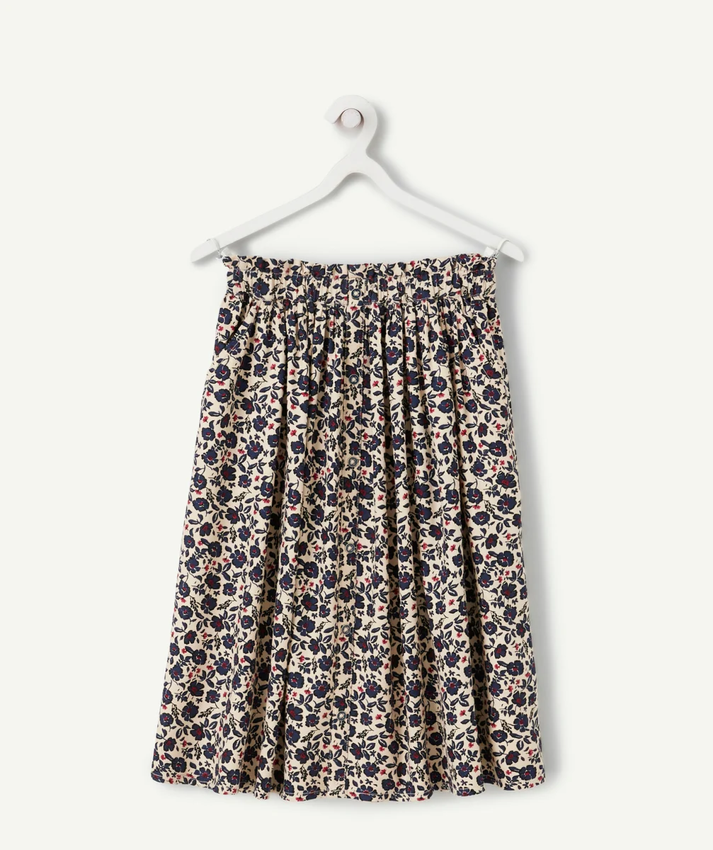 JUPE LONGUE FILLE EN VISCOSE RESPONSABLE IMPRIMÉE FLEURIE BEIGE ET BLEU MARINE