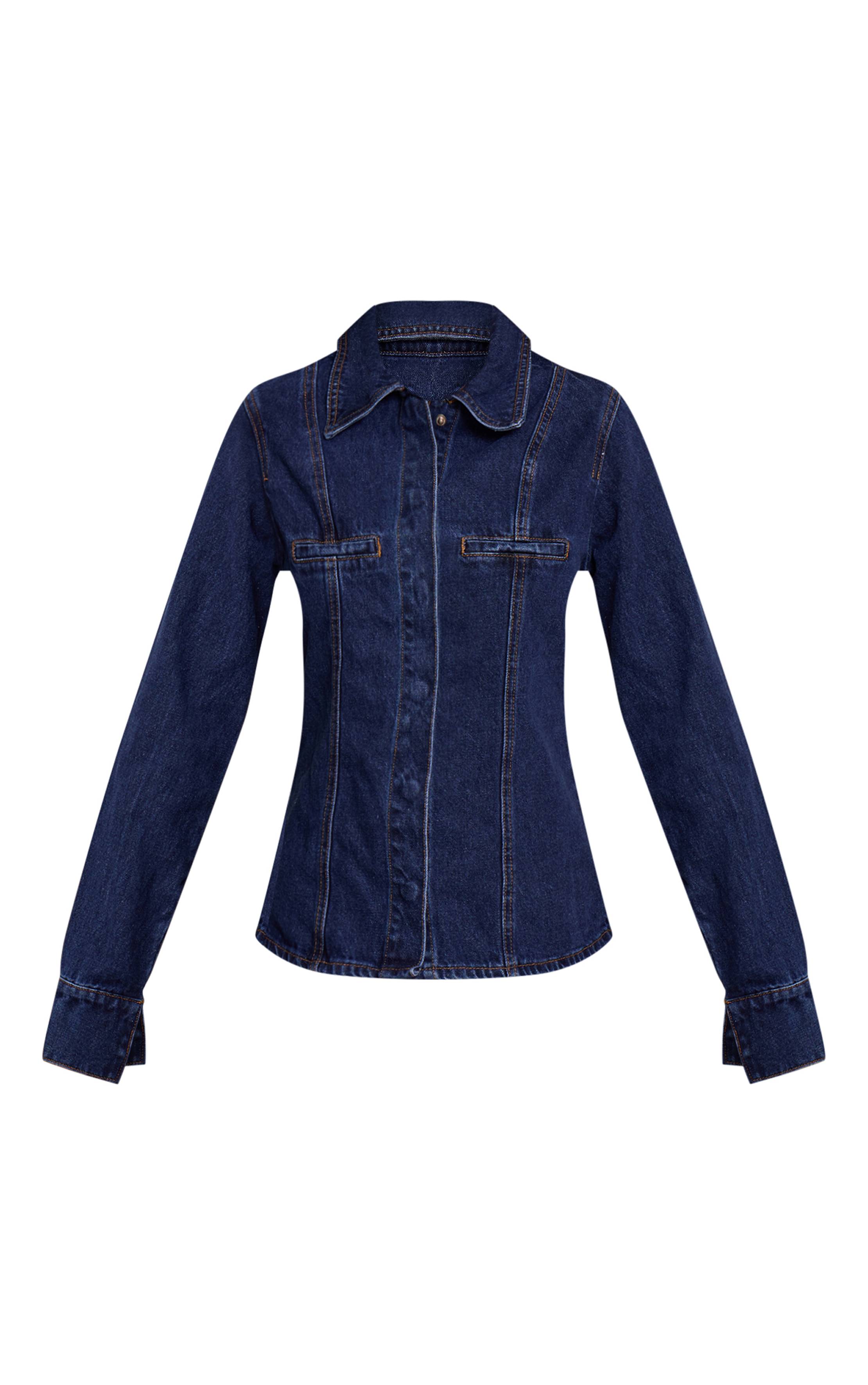 Bleu Indigo Chemise Ajustée Chocolat Foncé Avec Détails De Coutures