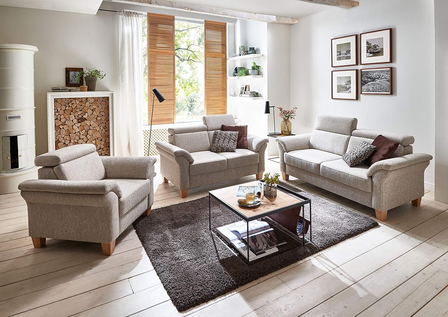 Cavadore 3-Sitzer Sofa Ammerland / Couch mit Federkern im Landhausstil / Inkl. verstellbaren Kopfstützen / 186 x 84 x 93 / Strukturstoff natur