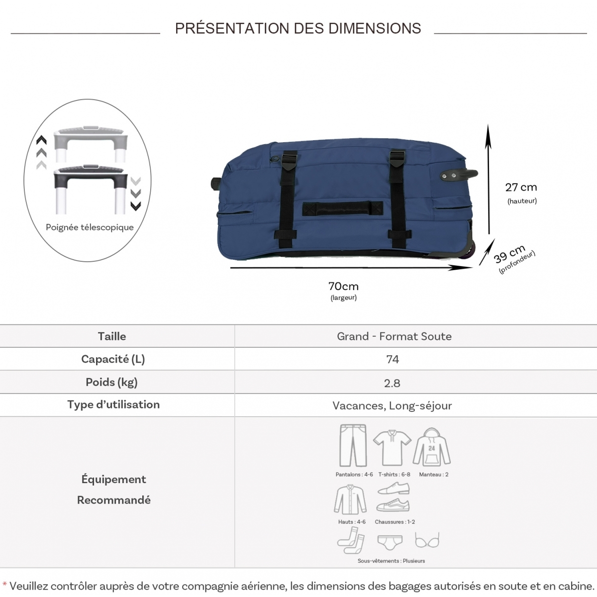 David Jones Sac de voyage cabine à roulettes 74L double compartiment David Jones taille L 70cm