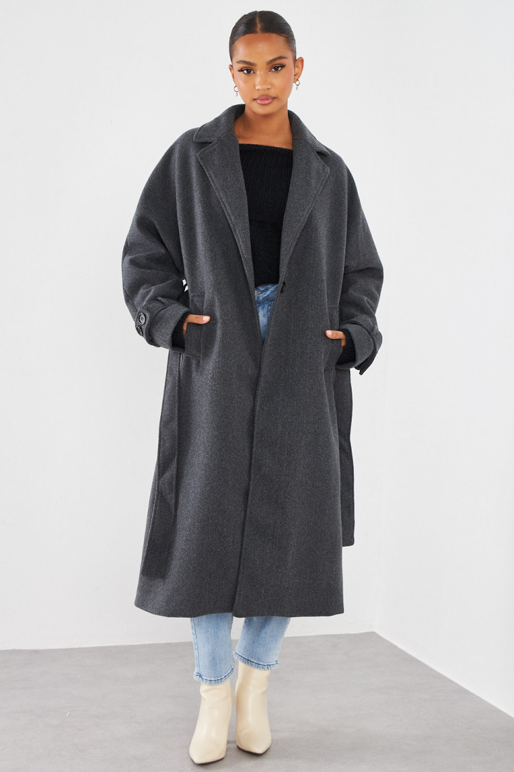 Manteau long ceinturé gris foncé