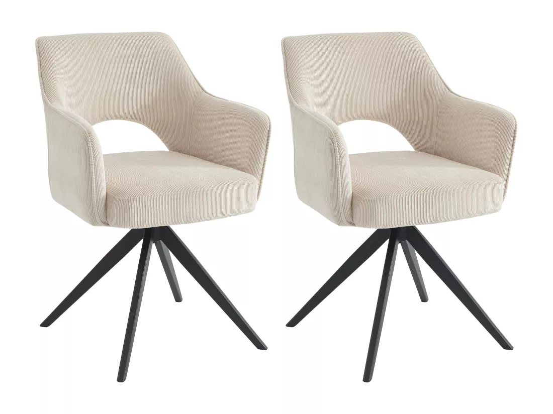 Lot de 2 chaises pivotantes avec accoudoirs en velours côtelé et métal noir - Crème - KONYA