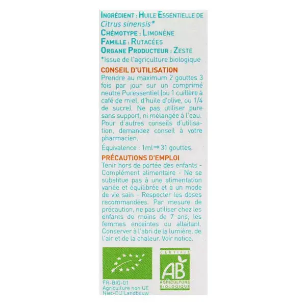 Óleo Essencial de Laranja Doce Orgânico Puressentiel 10ml