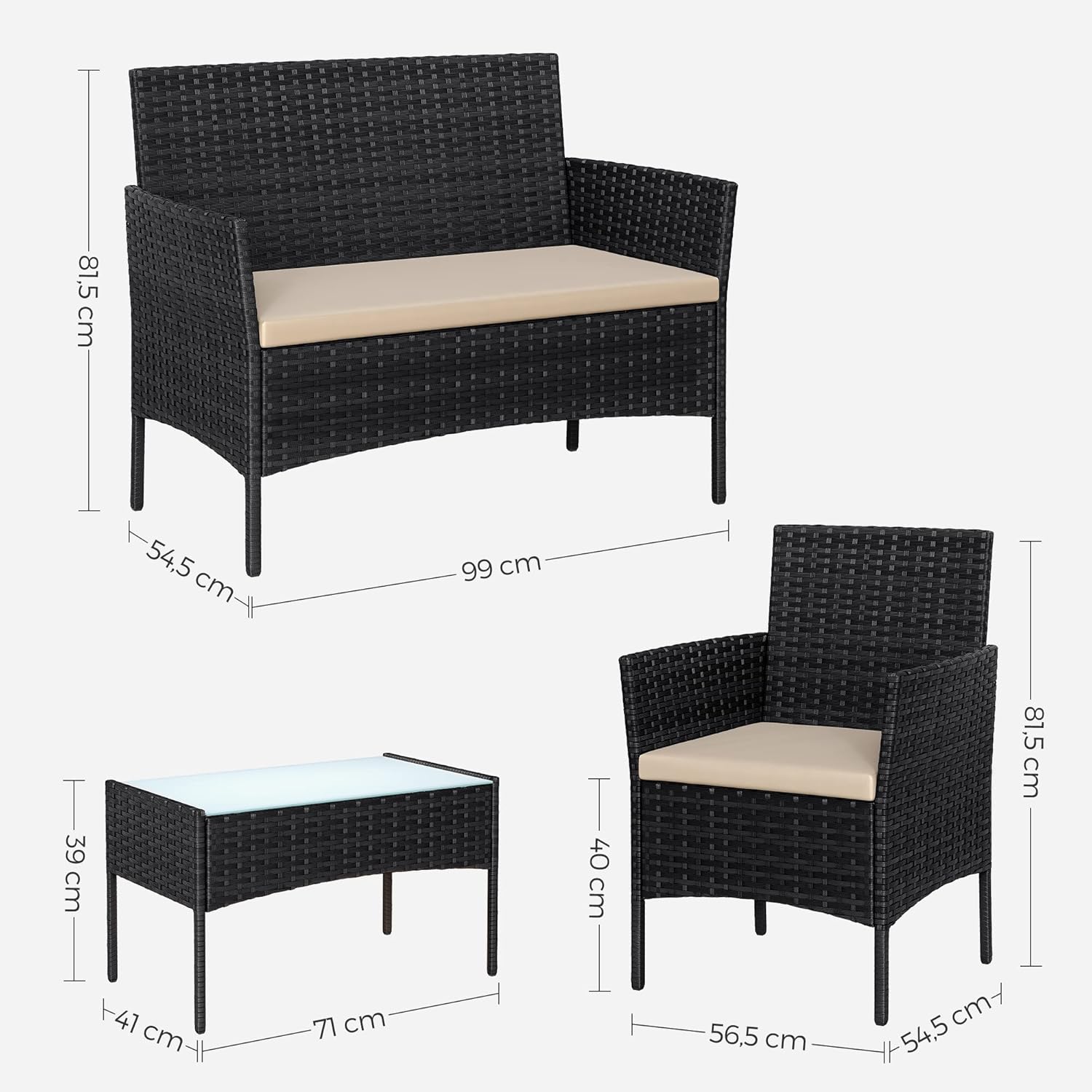 SONGMICS Balkonmöbel, Gartenmöbel-Set, aus PE-Polyrattan, Lounge-Set, Terrassenmöbel, Outdoor, für Terrasse, Balkon, Garten, schwarz-Taupe GGF004B05