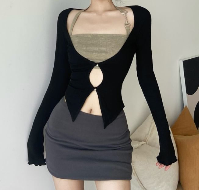 Sosana - Set: Balletcore lange mouwen crop top met gerimpelde rand + halternek crop top