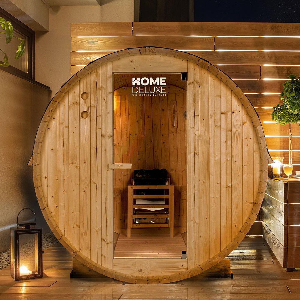 Home Deluxe - Buitenbarrelsauna LAHTI L - Afmetingen: BxDxH: ca. 194 cm x 191 cm x 180 cm, Houtsoort: Vurenhout - incl. saunakachel en saunatoebehoren | Tuinsauna, buitensauna, barrelsauna voor 4 personen