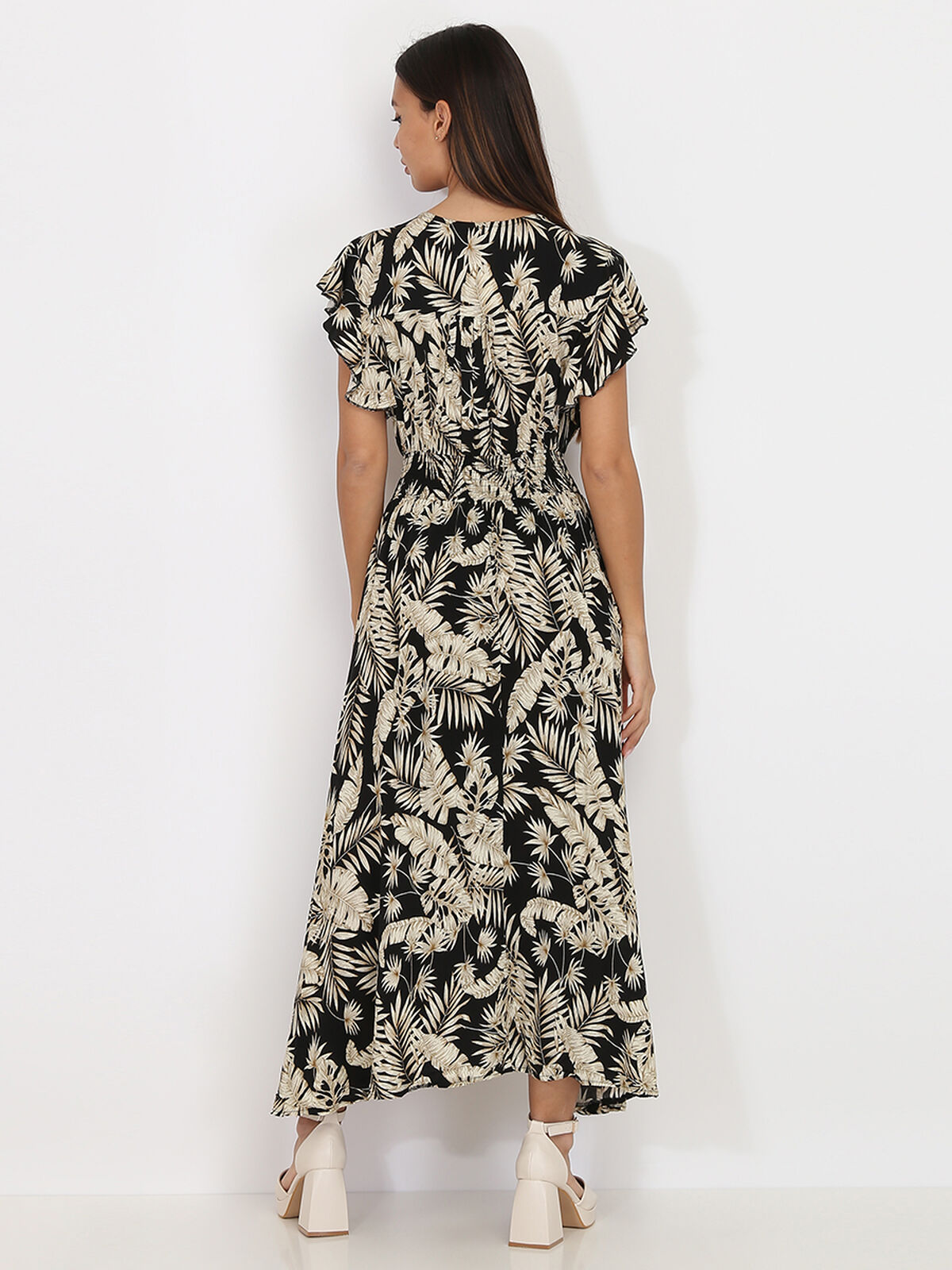 Robe mi-longue à feuilles et fente- Noir