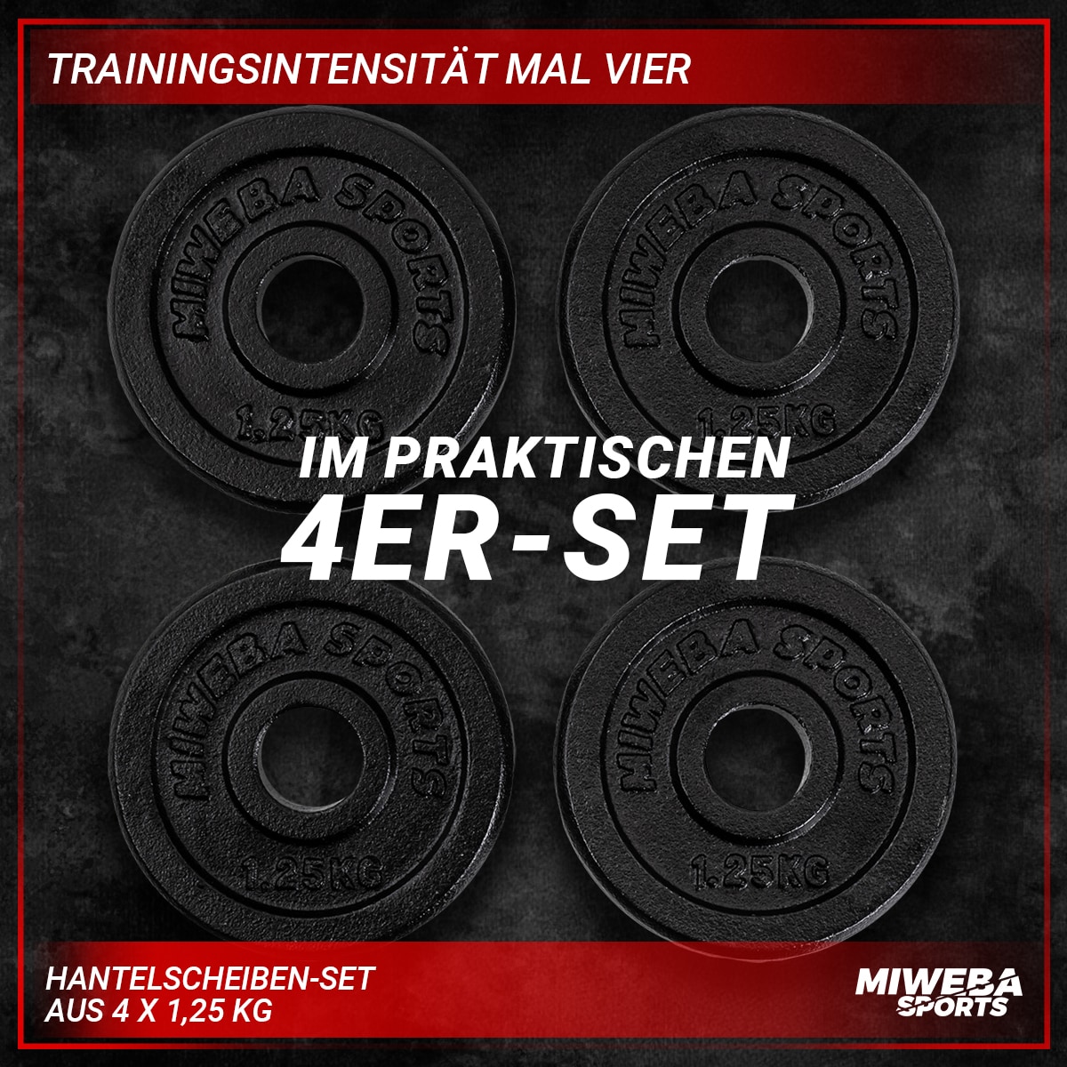 Miweba Sports Hantelscheiben HSG12, 4x 1,25 kg Hantel-Gewichte, passend für Ø 30mm, Set, Gusseisen