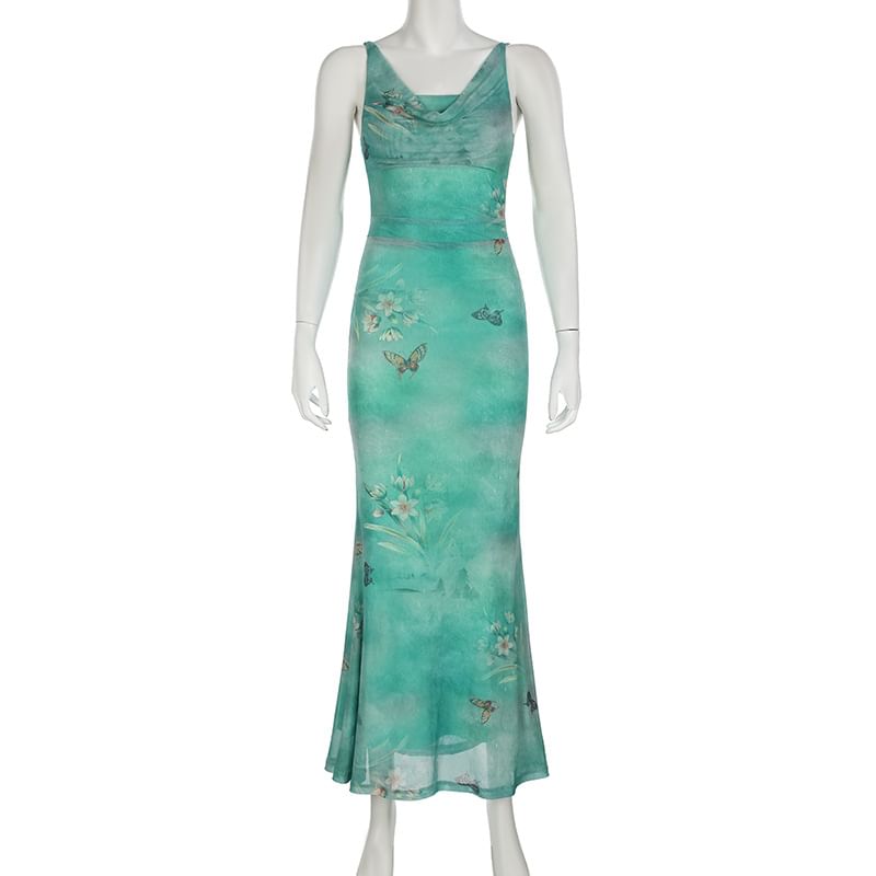 BrickBlack - Spaghettibandjes coljurk met bloemenprint en vlinderprint, maxi-zeemeerminjurk