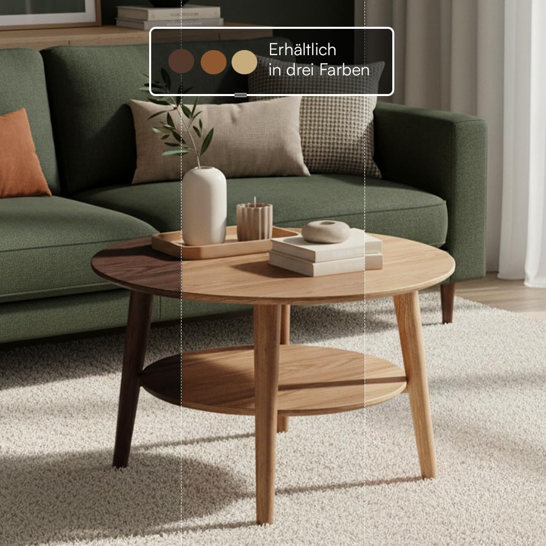 skølm Mjölnir Couchtisch rund Ø70 cm – Wohnzimmertisch aus Eiche Massivholz – Sofatisch mit 2 Ablagen – kleiner Beistelltisch dunkel lackiert – Holztisch Wohnzimmer mit Stauraum – Coffee Table