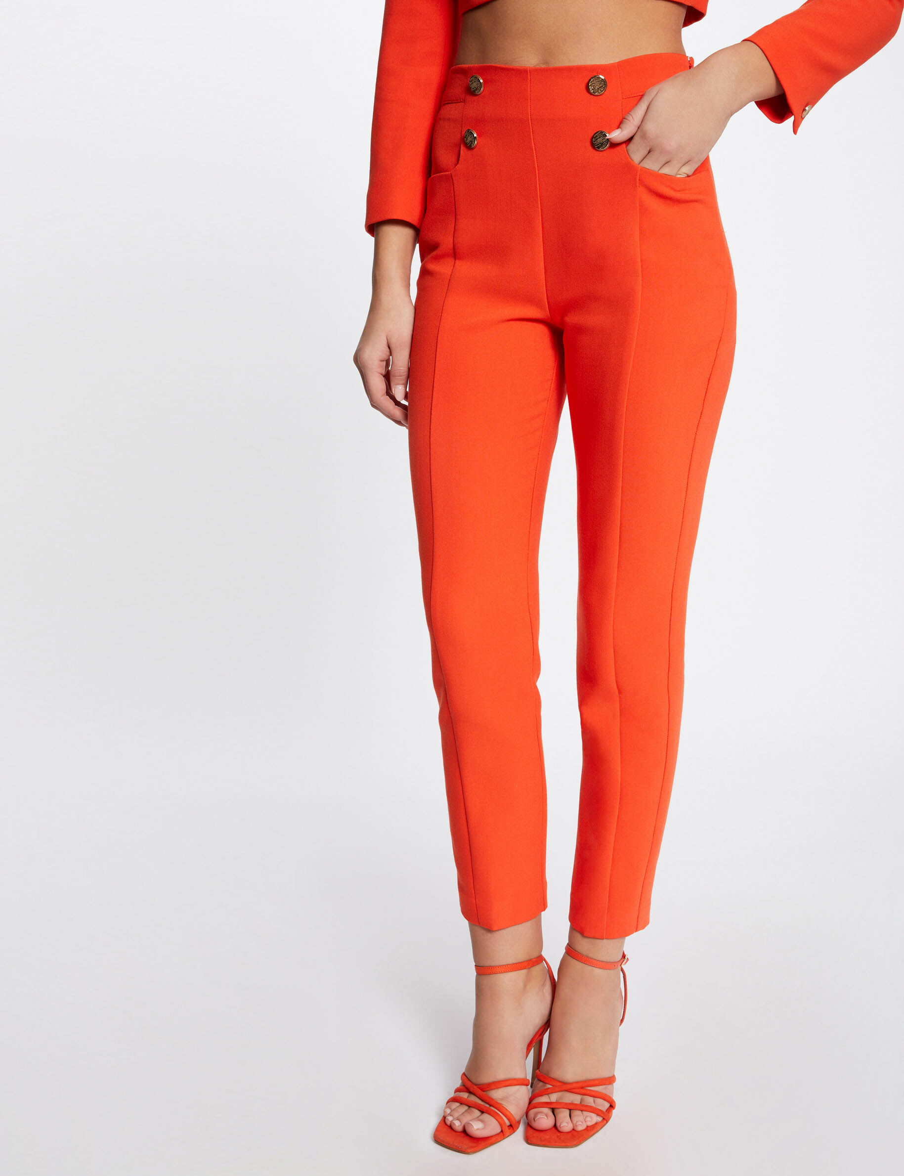 Pantalon city ajusté 7/8ème avec boutons orange femme - orange