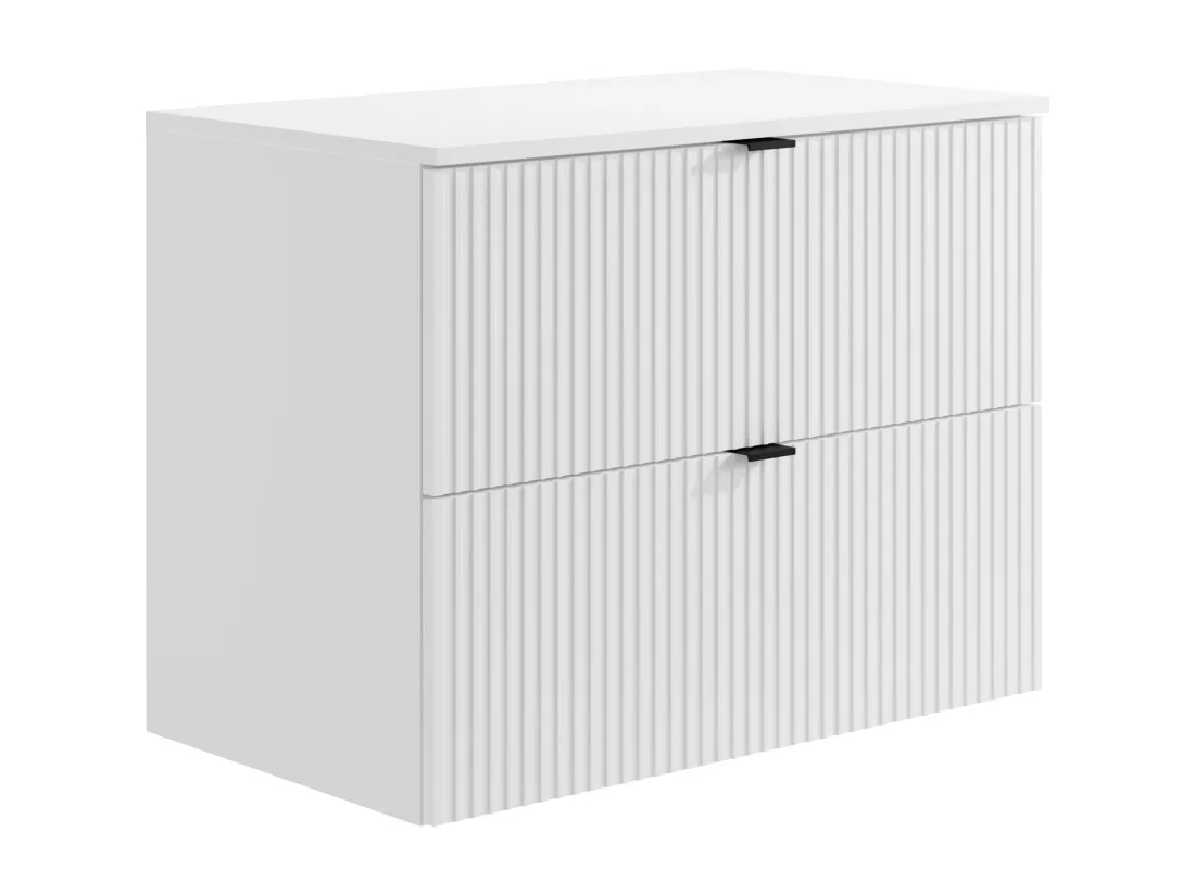 Meuble de salle de bain suspendu strié avec vasque ronde à poser - Blanc mat - 80 cm - ZEVINI