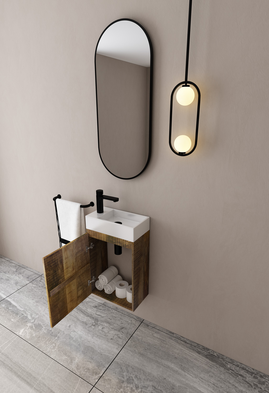 MD Interior Bello toiletmeubel mangohout links met solid surface fontein links