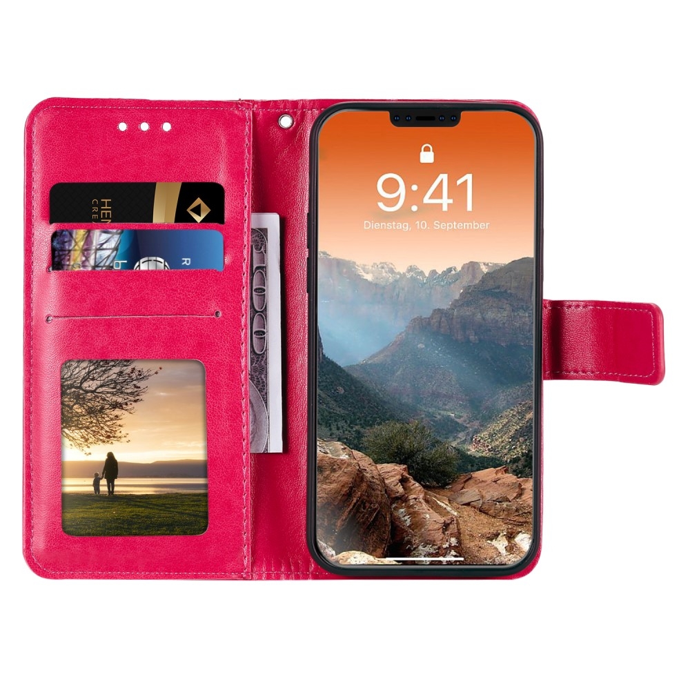 iPhone 12 / iPhone 12 Pro Leder Tasche Wallet - Mandala Flowers Imprint - Rot / Pink