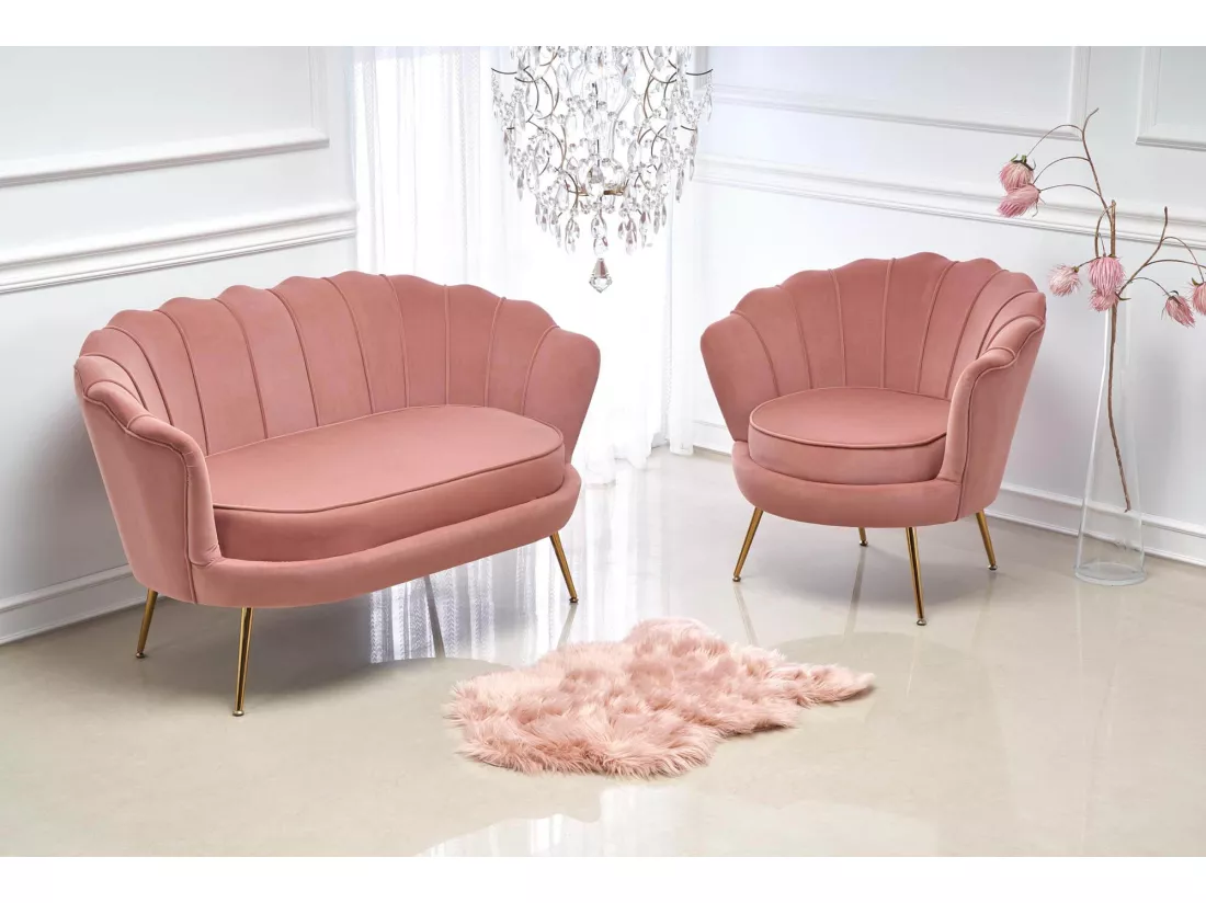 Canapé Coquillage en velours rose avec pieds dorés en métal CAPRICA XL