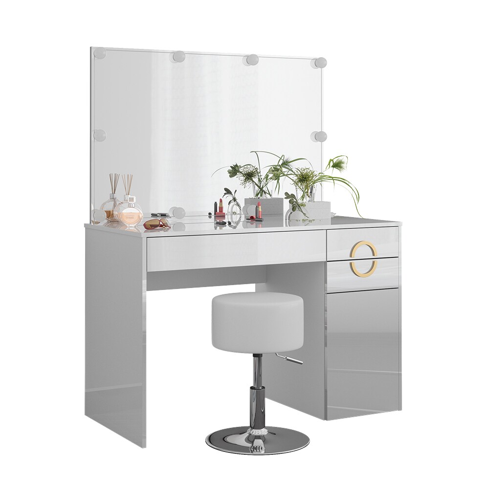 Vicco Schminktisch Adela Weiß Hochglanz, 115 x 76,4 cm mit Spiegel, LED, Hocker