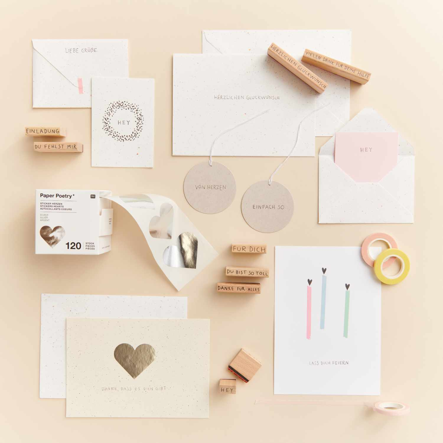 (31-tlg. Set) Holz Stempel Kit DIY Karten / Brief Deko Vintage Stempel inkl. Stempelkissen (300085) - Paper Poetry