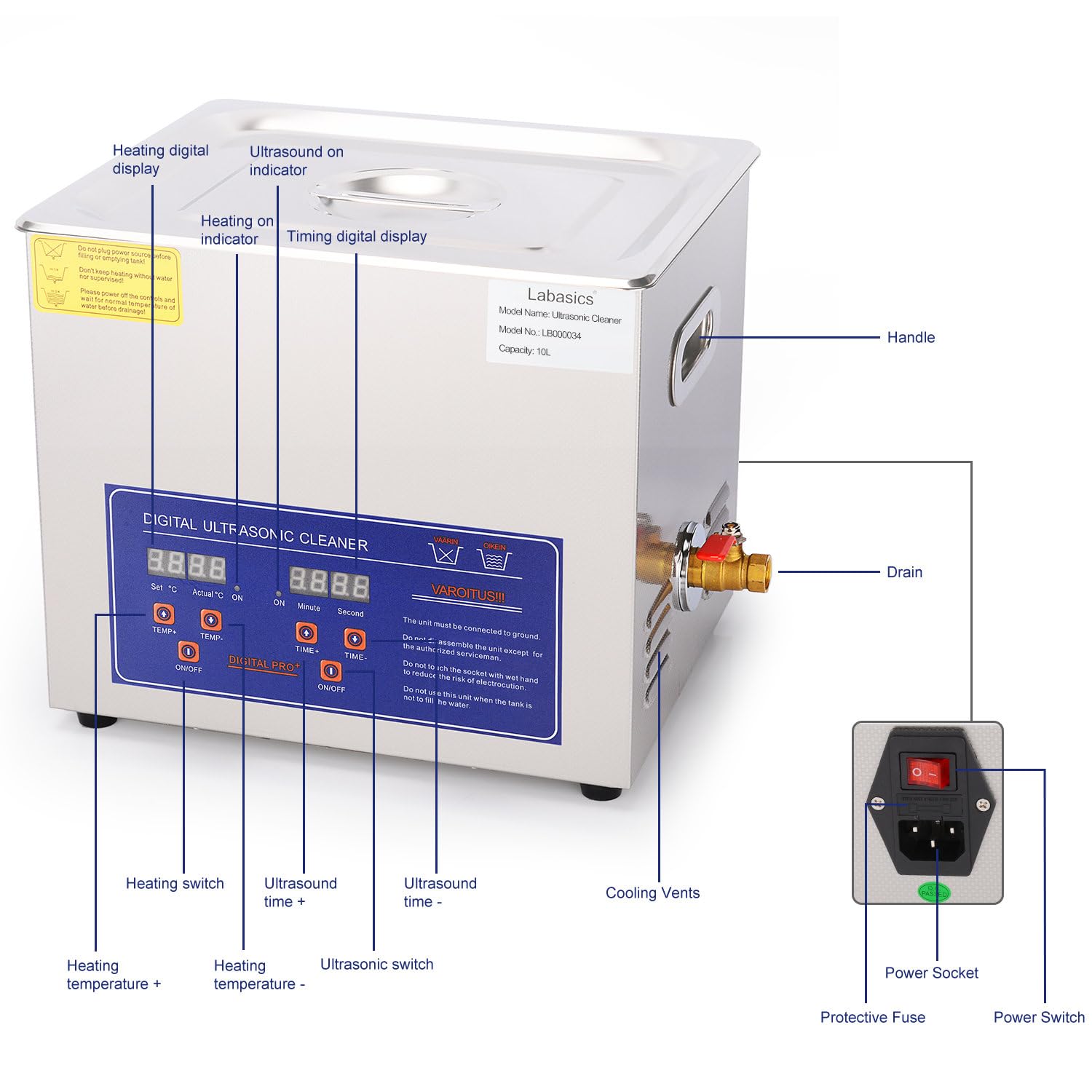 Labasics Ultraschallreiniger, Professioneller Allzweck-Ultraschallreiniger aus Rostfreiem Stahl mit Digitalanzeige-Timer und Wärmesteuerung für Labor 220V, 10L