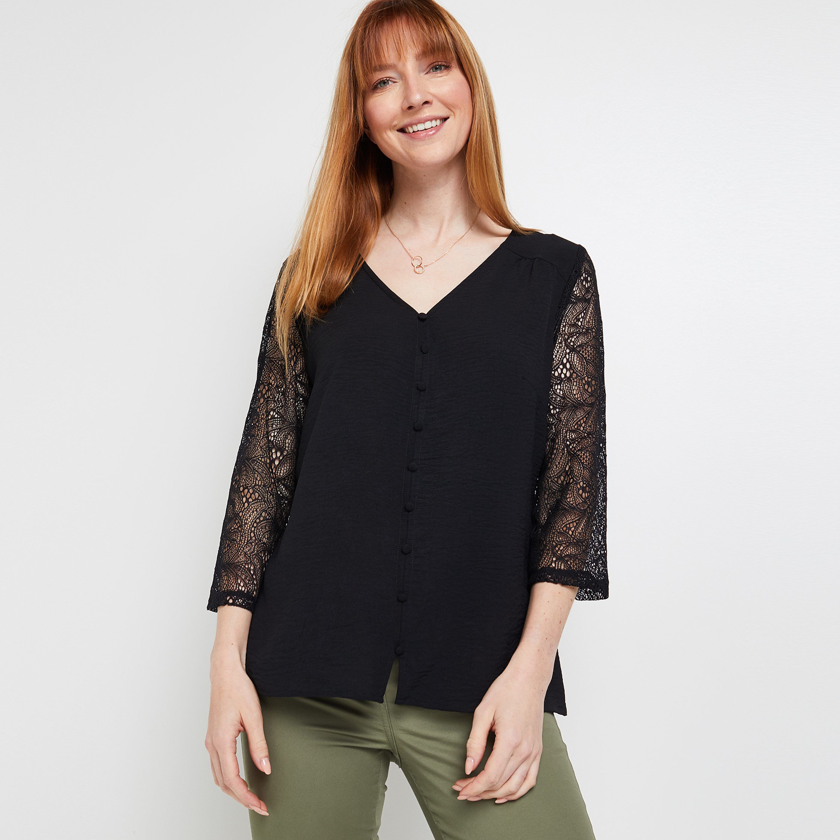 Blouse manches dentelle femme - NOIR