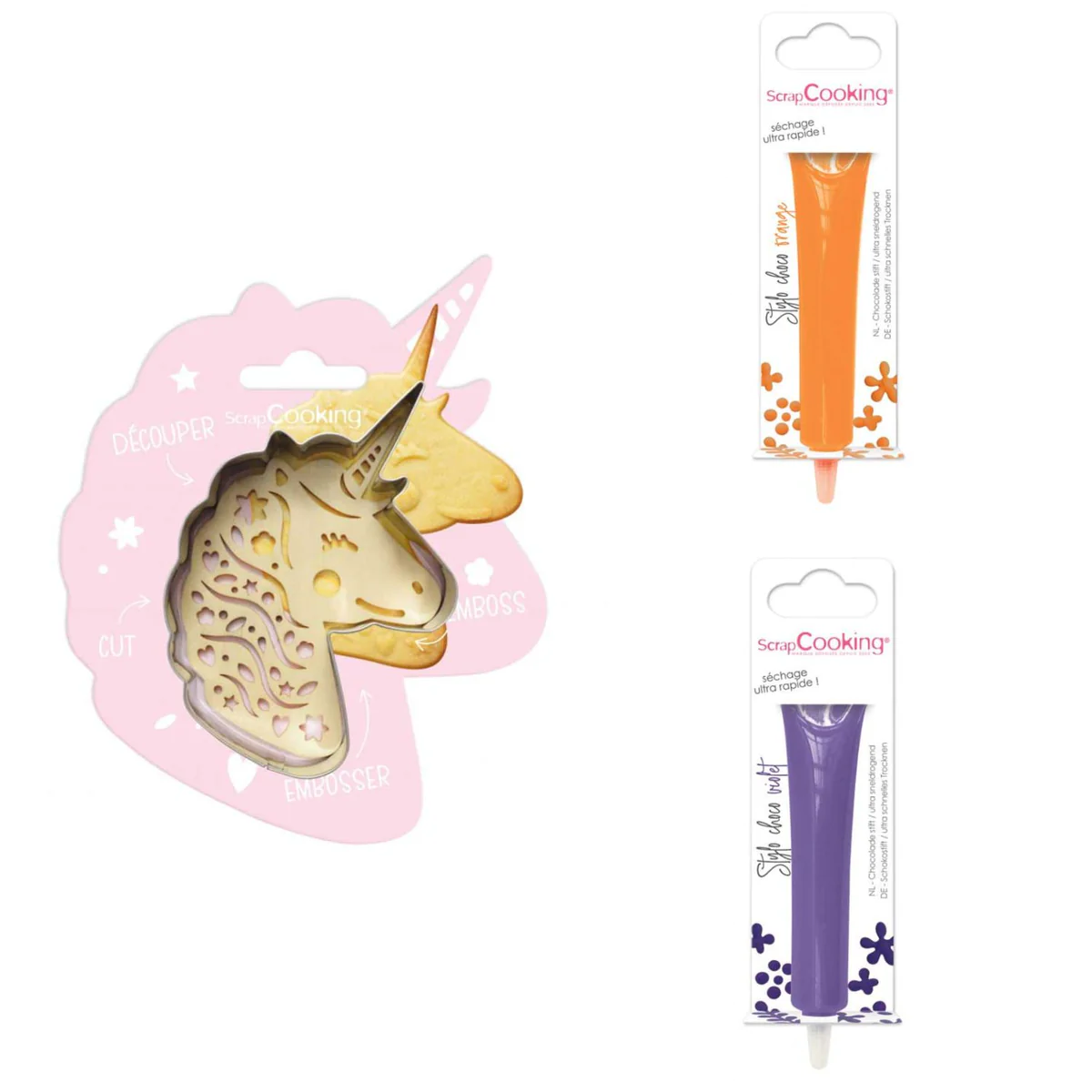 Kit pour biscuit en relief Licorne + 2 Stylos au chocolat orange et vi