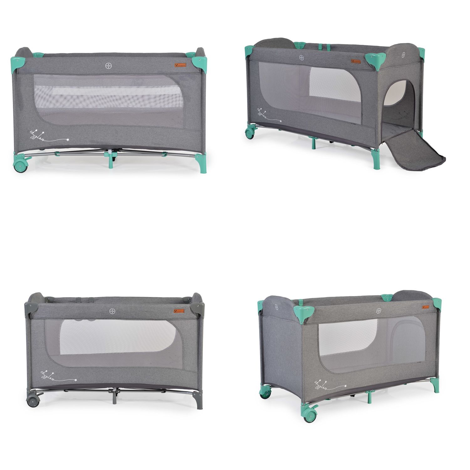Cangaroo Reisebett Skyglow 2 Ebenen Räder Matratze Seiteneingang Tasche Bremsen grün
