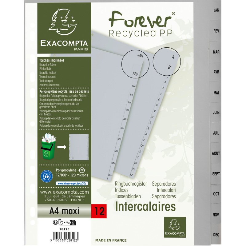 Intercalaire A4+ polypropylène gris Exacompta 12 onglets mensuels gris - 1 jeu