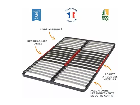 Sommier à lattes 140x190 C34 - 40 lattes bois - Fabrication française