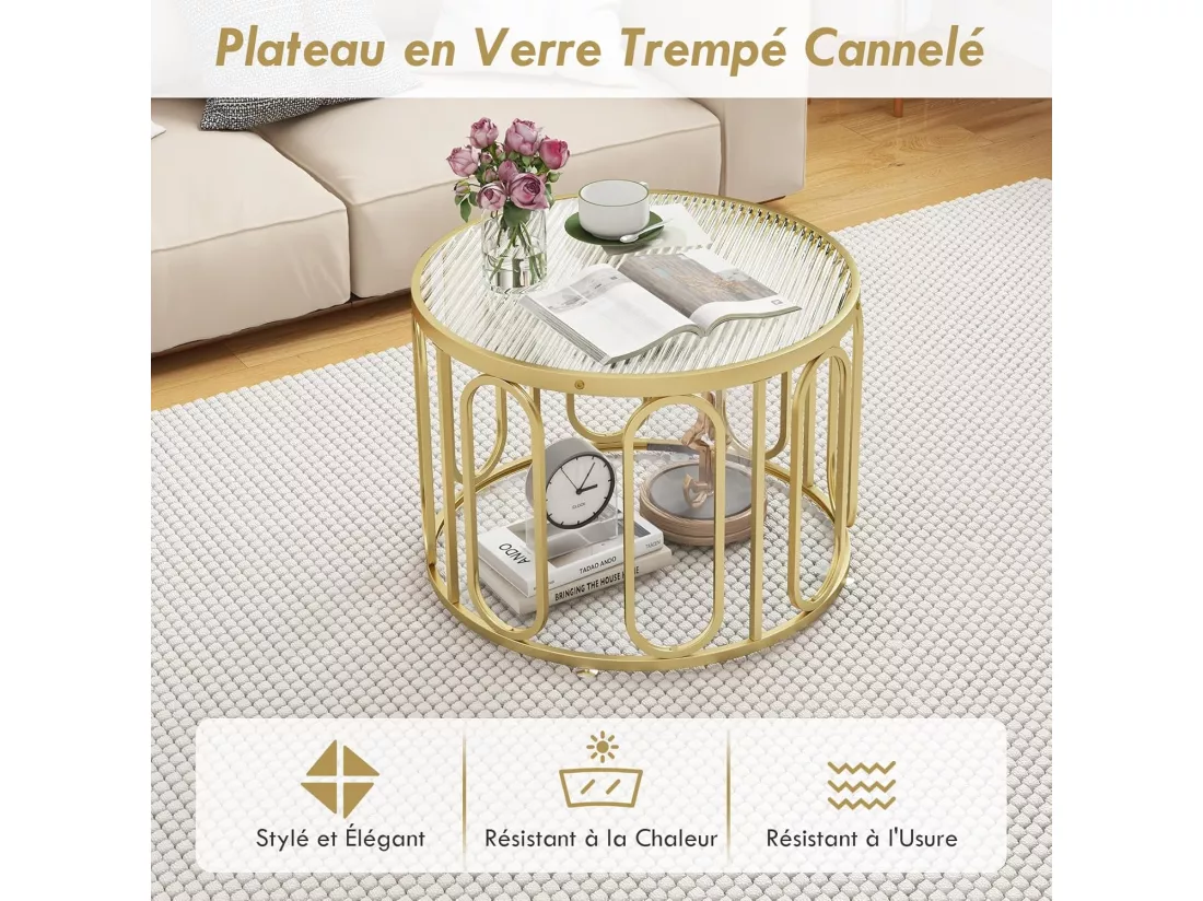 Table basse ronde, 2 niveaux, 8 supports pivotants ovales, 60,5 x 60,5 x 44,5 cm, doré
