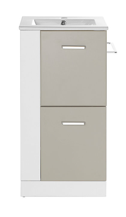 Caisson meuble sous vasque version gauche à poser Cooke & Lewis Waneta taupe 43 cm + façade de meuble taupe + plan vasque en céramique blanche
