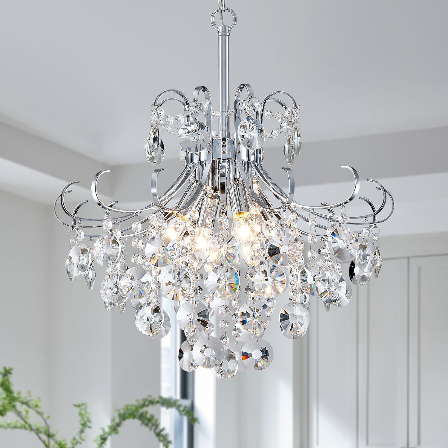 Moderner Kristall Kronleuchter, 4-Licht Pendelleuchte für Esszimmer, Wohnzimmer, Schlafzimmer und Küche, verchromte Hängeleuchte, Durchmesser 46cm (ohne Leuchtmittel)