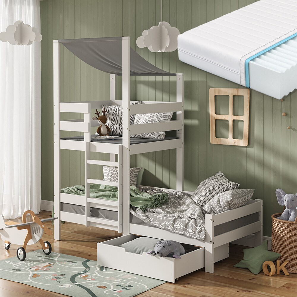 VitaliSpa Spielturmbett Kinderbett Spielbett Tom Weiß modern 204x218 cm Massivholz Kinderzimmer Lattenrost Bettleiter Bett Schublade Matratze Abenteuerbett Kletterbett