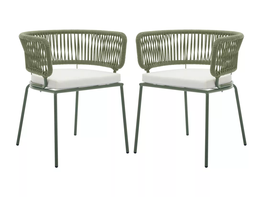 Lot de 2 fauteuils de jardin en métal et corde - Kaki avec coussin beige - PISTO de MYLIA