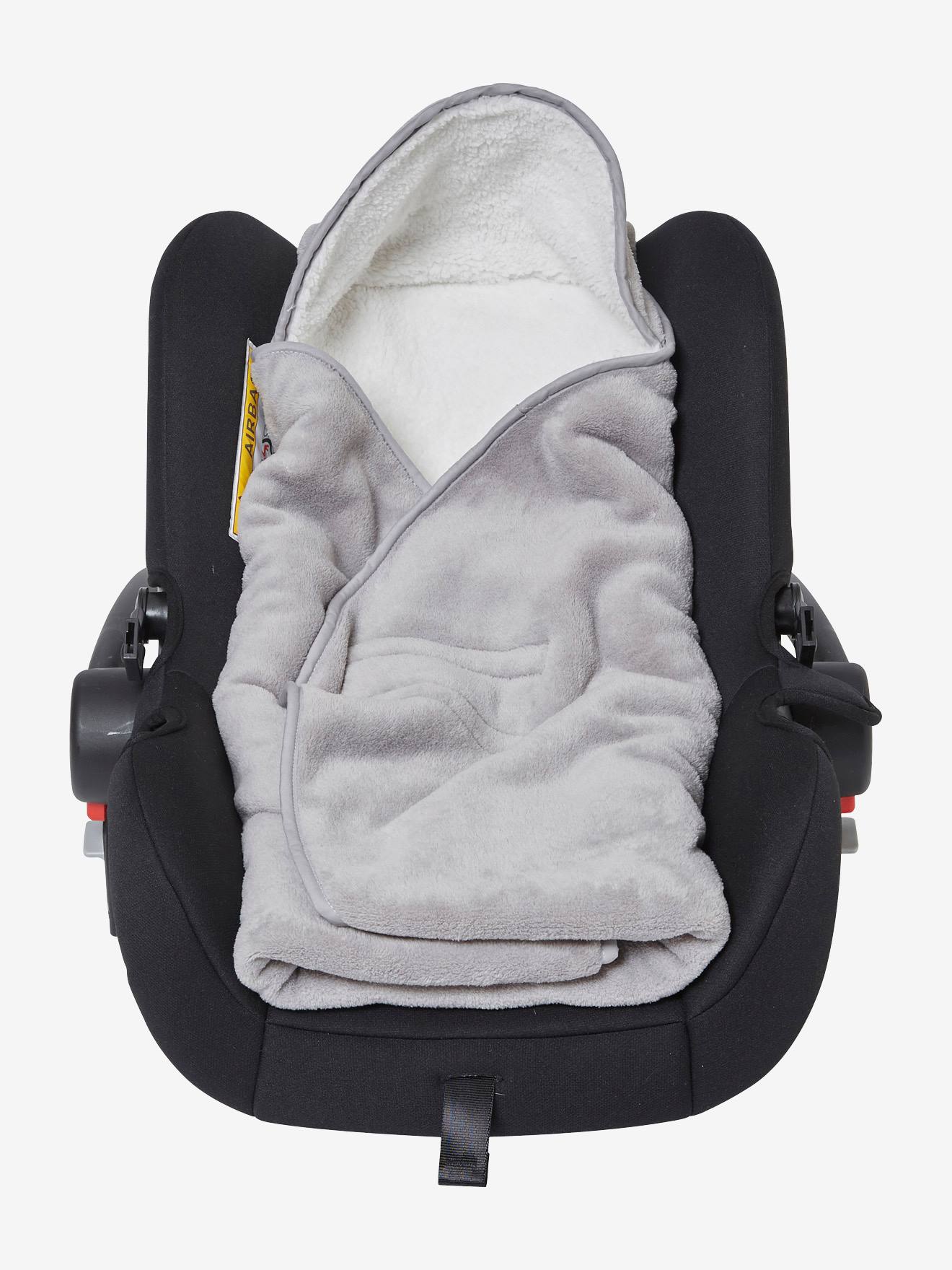 Manta para bebê com capuz, feita de microfibra e fleece cinza liso.