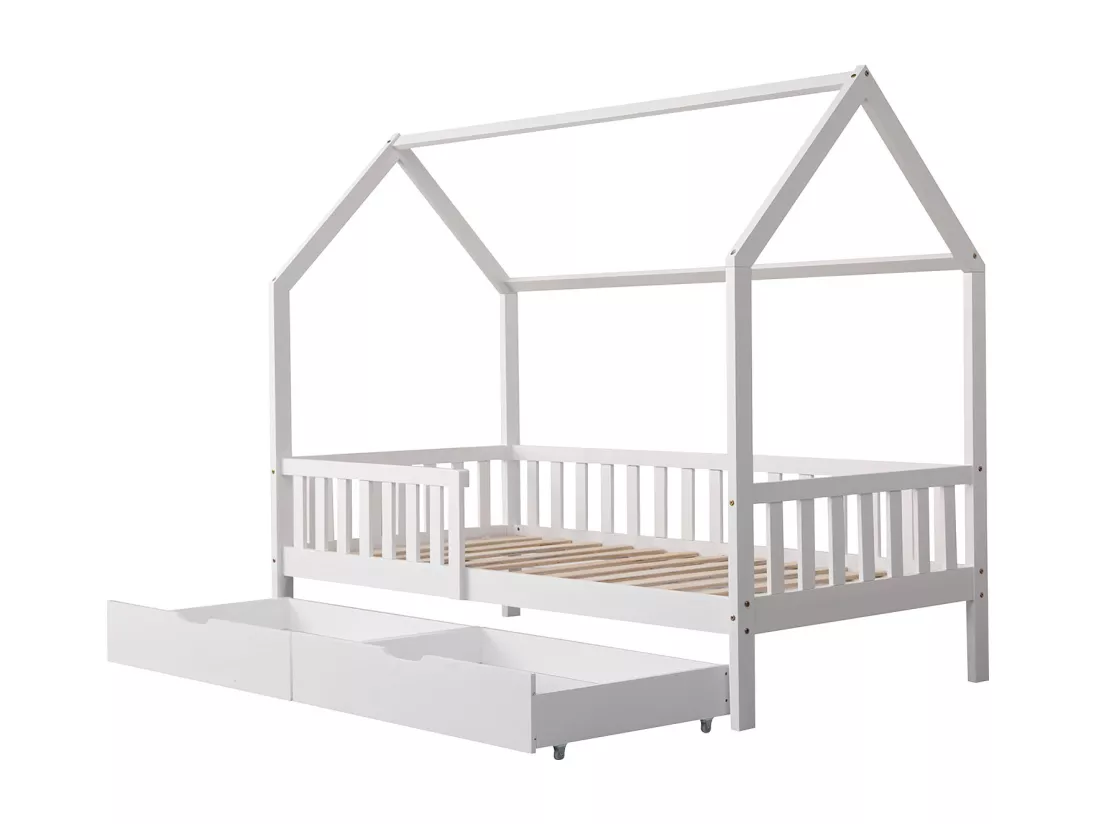 Lit cabane pour enfant 190x90cm blanc avec tiroirs MARCEAU - HAPPY GARDEN