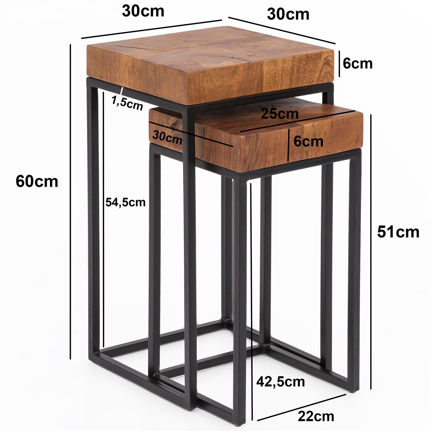 FineBuy 2er Set Beistelltisch FB51457 Sheesham Holz Metall Tisch Couchtisch